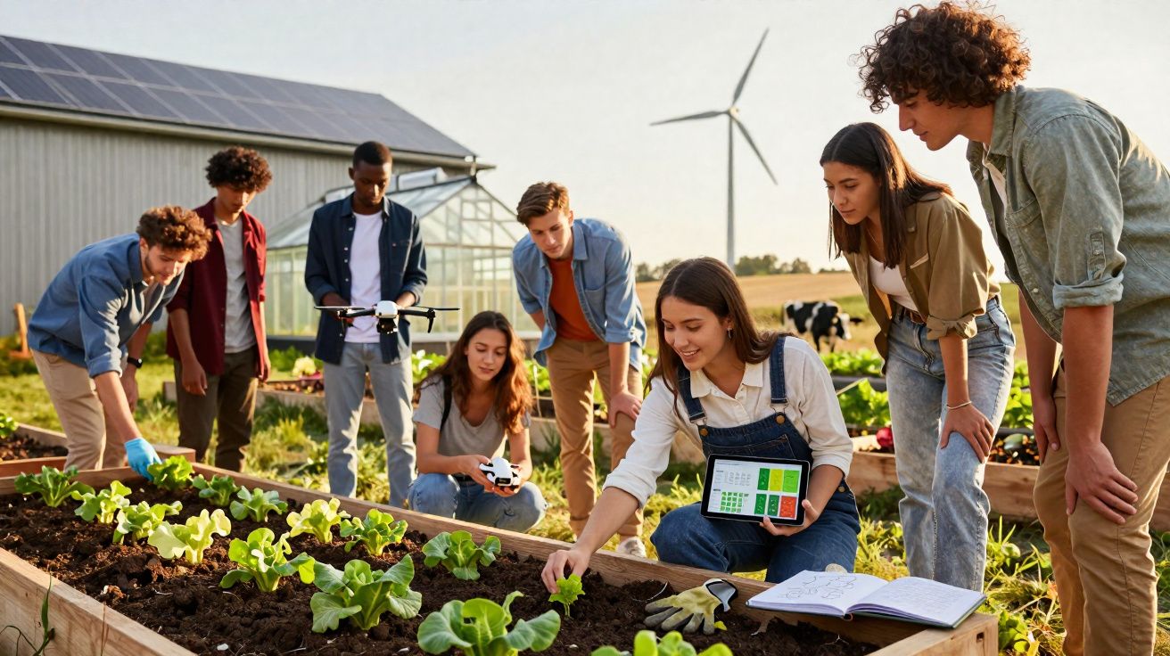 Grupo de jovens em agricultura sustentável com tecnologia em estufa ao ar livre e turbina eólica ao fundo.