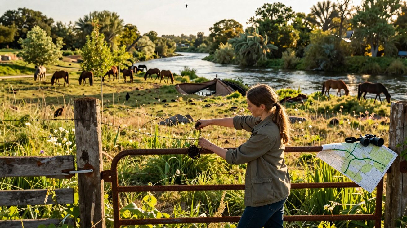 Mulher abre portão de fazenda à beira de rio com cavalos pastando ao fundo em dia ensolarado.