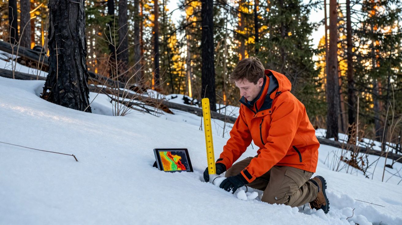 Homem com jaqueta laranja mede neve com régua em floresta durante pôr do sol, com tablet ao lado exibindo mapa colorido.