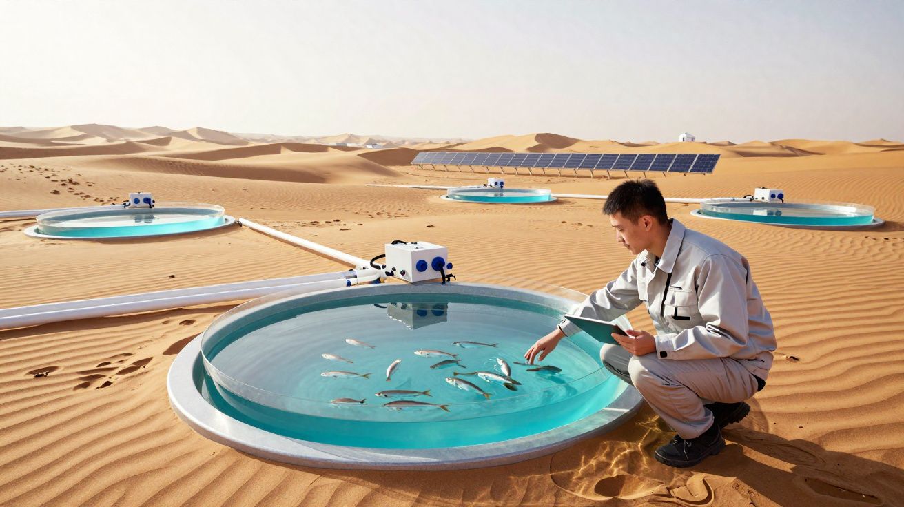 Homem monitora criação de peixes em tanques circulares no deserto com painéis solares ao fundo.