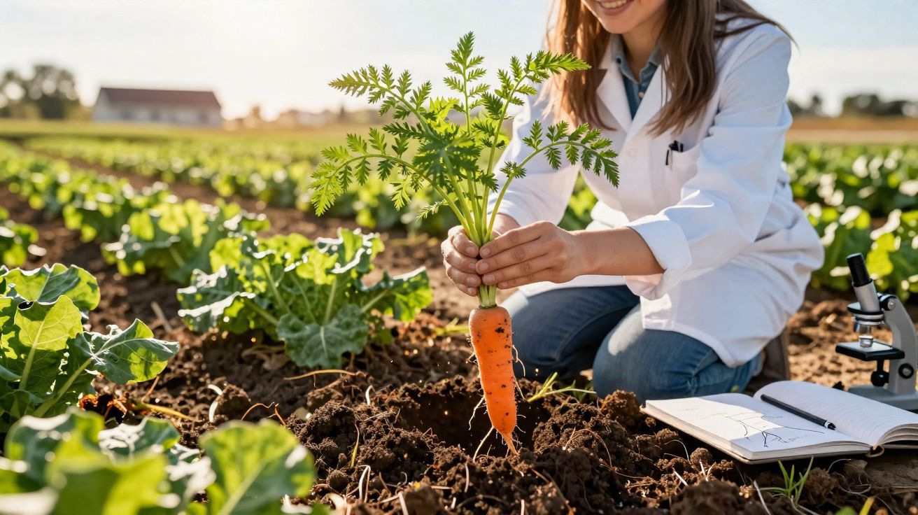 Pesquisadora com jaleco colhe cenoura em campo agrícola, com caderno e microscópio ao lado.
