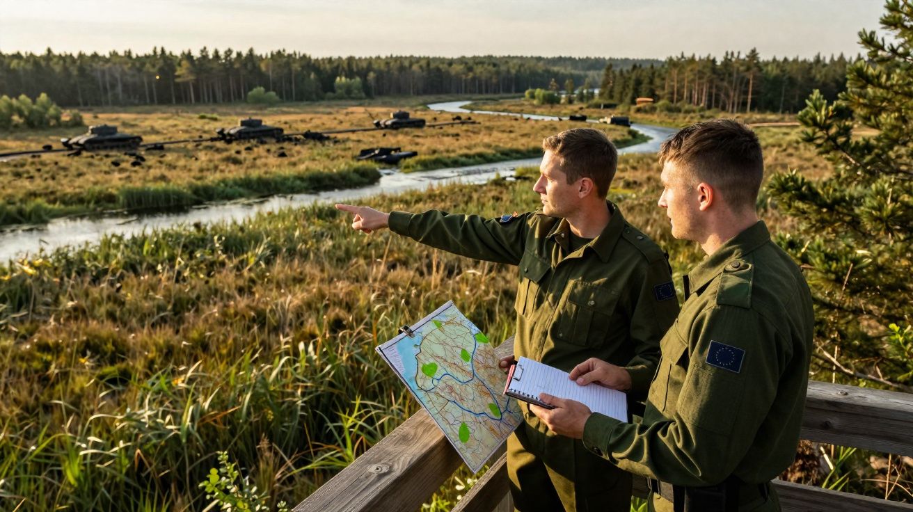 Dois soldados com uniforme verde, um segurando mapa e o outro caderno, observam terreno com tanque ao longe.