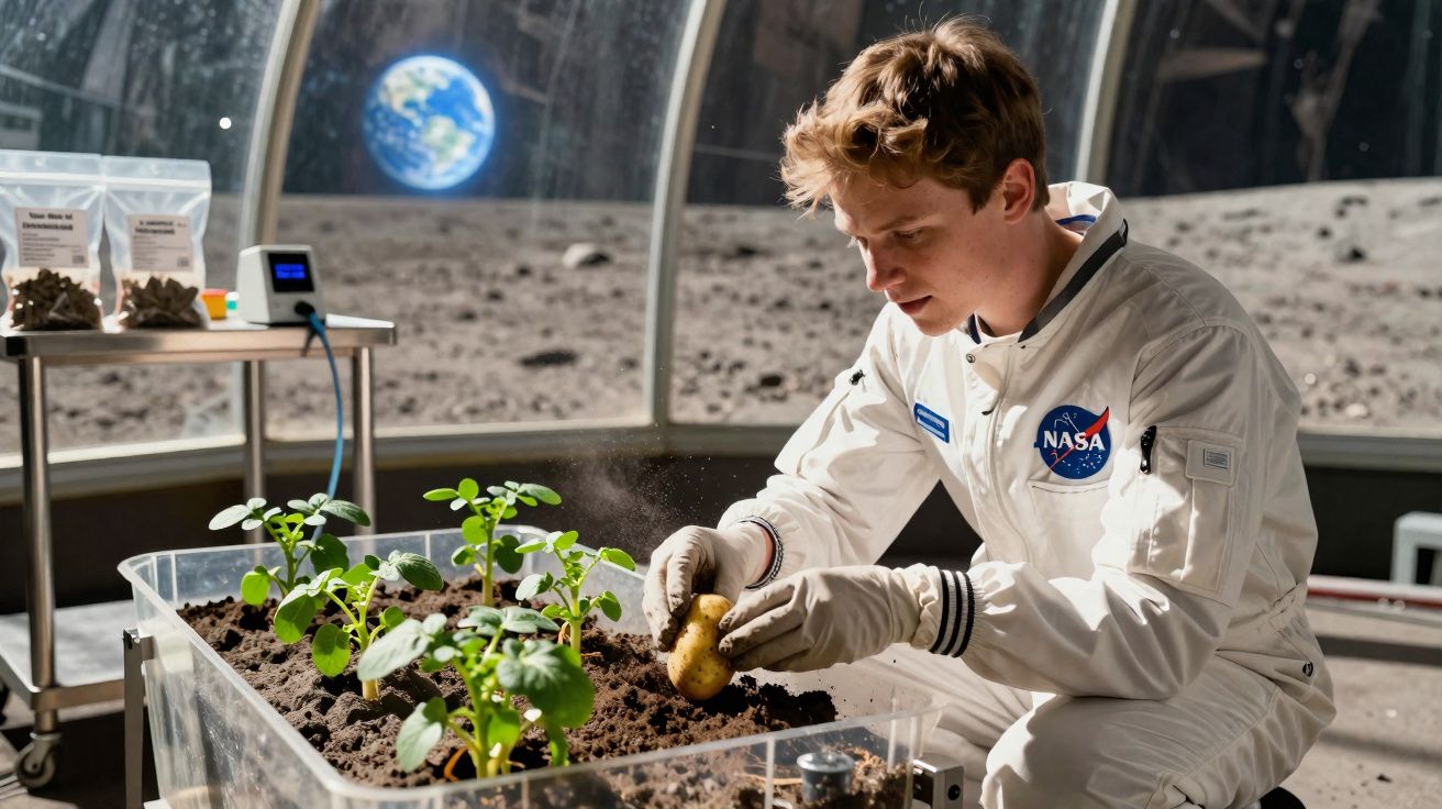 Astronauta em traje branco cultiva batatas em estufa lunar com a Terra visível ao fundo pela janela.