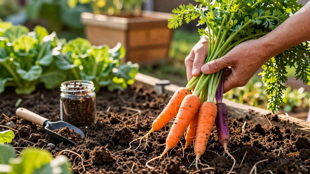 Mãos segurando cenouras recém-colhidas em jardim com terra e ferramentas de cultivo.