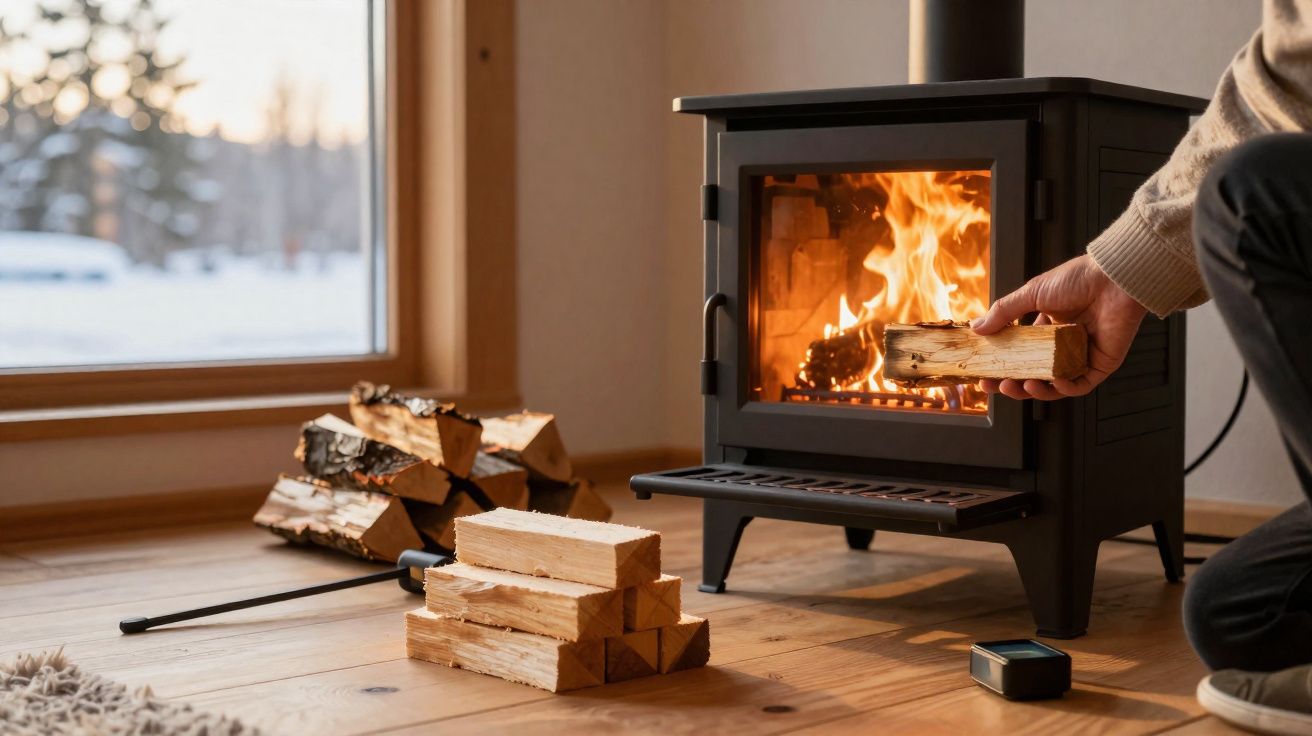 Pessoa colocando lenha em lareira a lenha acesa ao lado de janela com vista para neve.