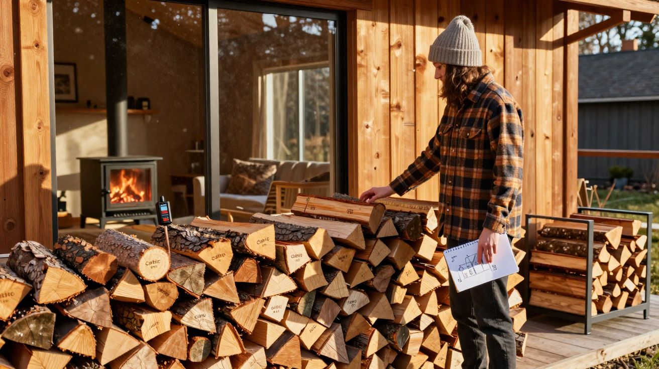 Pessoa com boné e camisa xadrez empilhando lenha em varanda de casa de madeira com lareira acesa dentro.