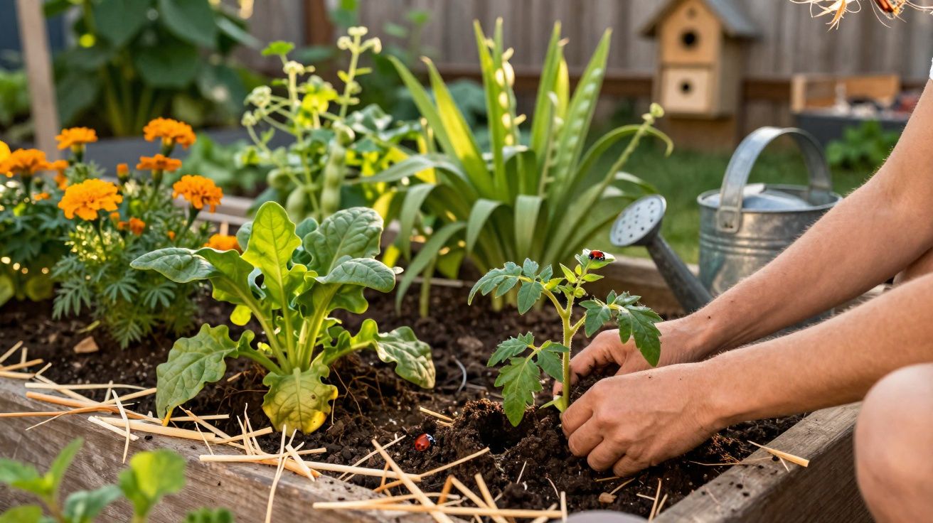 Pessoa plantando muda em horta com flores e regador ao fundo em dia ensolarado.