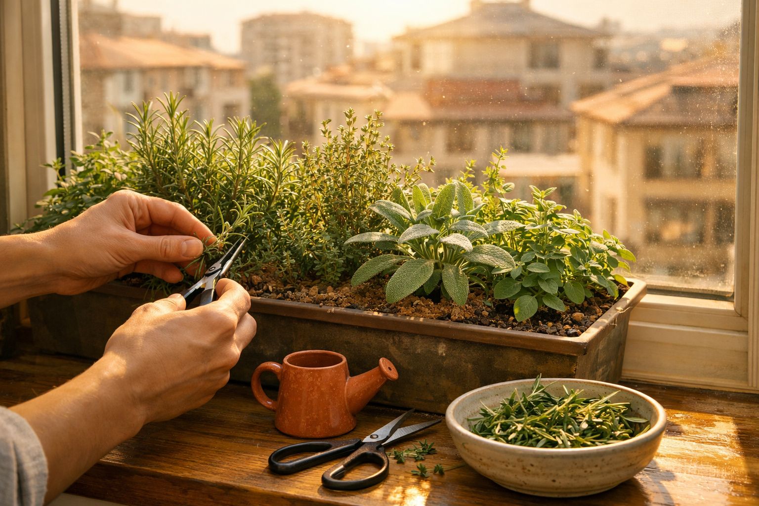 Mãos colhendo ervas frescas em vaso na janela, com regador e tesoura sobre a mesa de madeira.