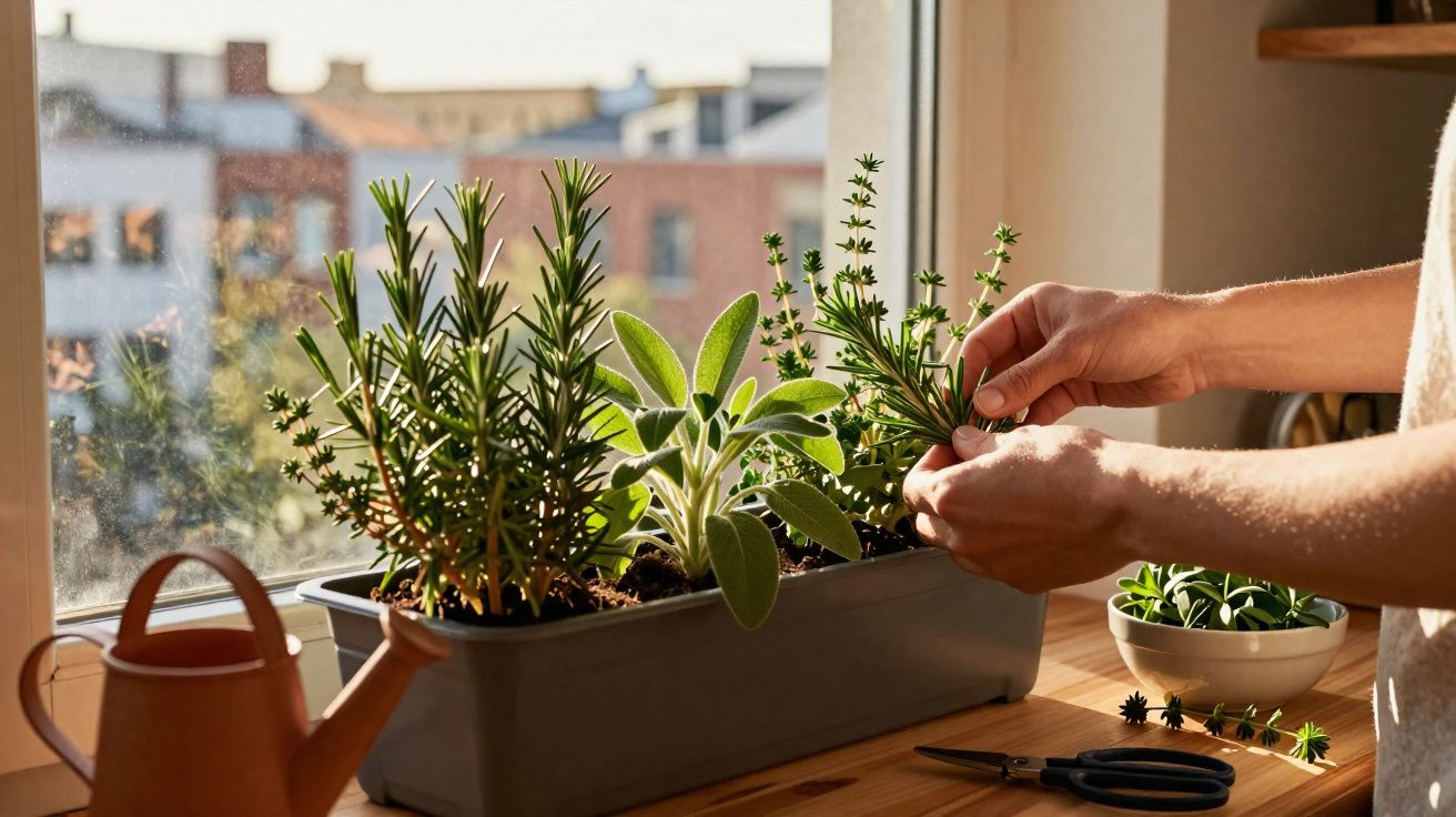Mãos cuidando de ervas em vaso retangular próximo à janela com regador e tesoura sobre mesa de madeira.