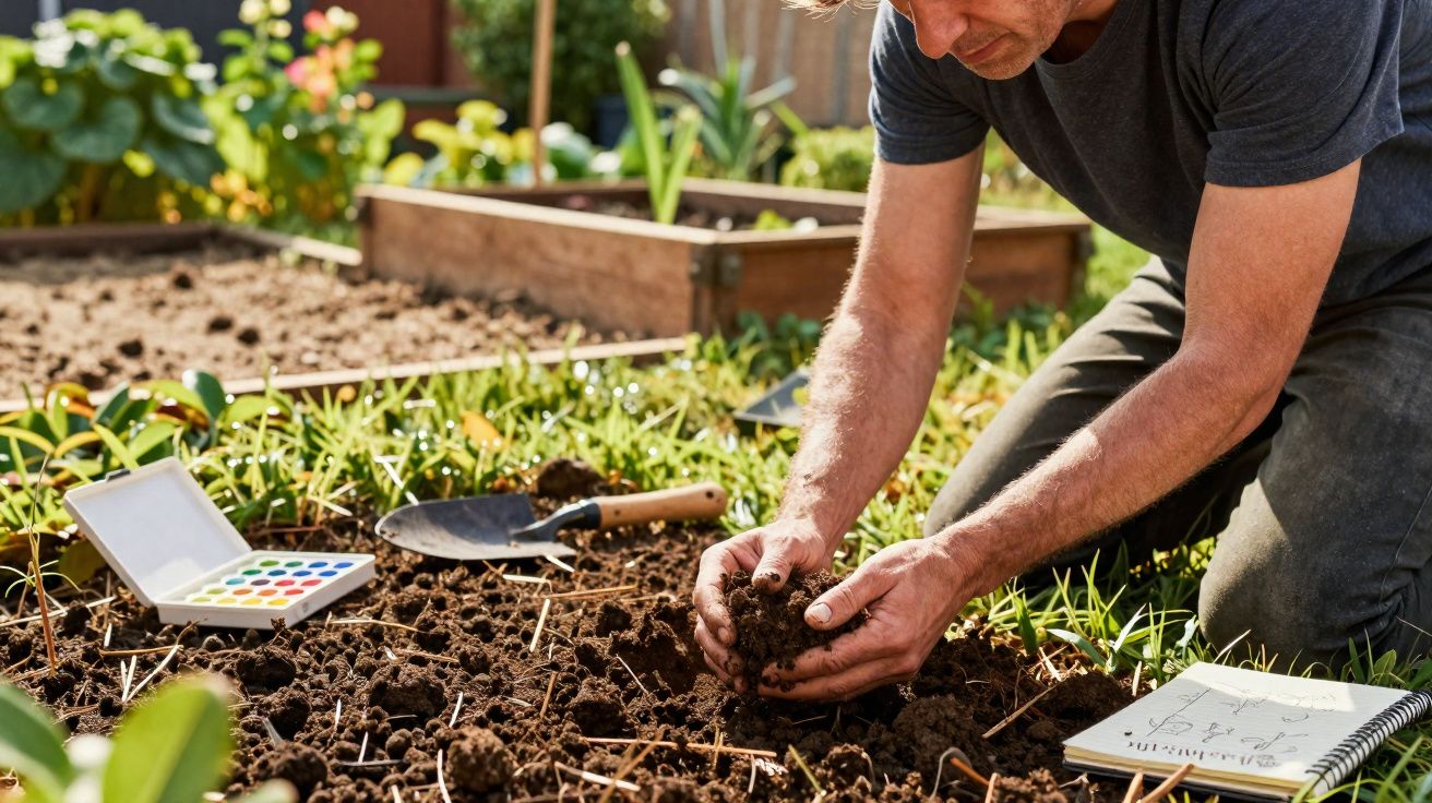 Homem ajoelhado preparando terra em canteiro para plantio em jardim ensolarado.