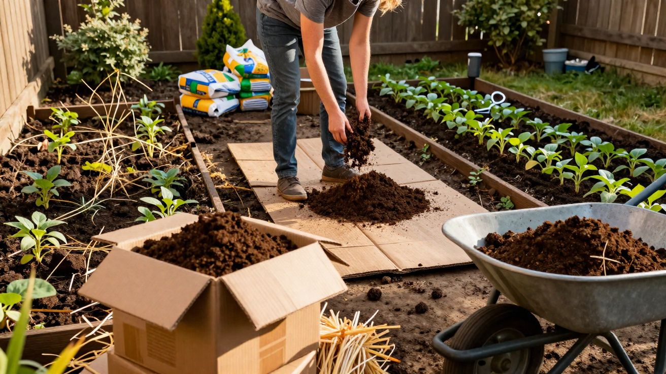 Pessoa preparando canteiros com terra adubada para plantar em jardim cercado por cerca de madeira.
