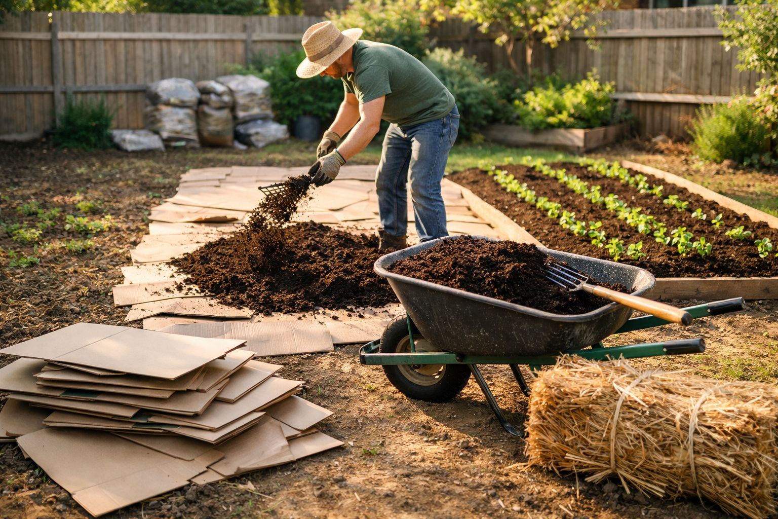Homem preparando solo em horta caseira, com carrinho de mão, palha e papelão ao redor.