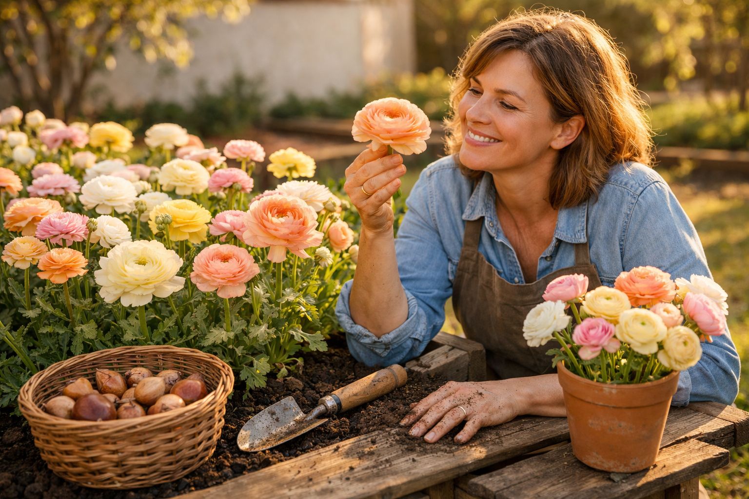 Mulher sorrindo no jardim cuidando de flores coloridas e segurando uma flor rosa clara.