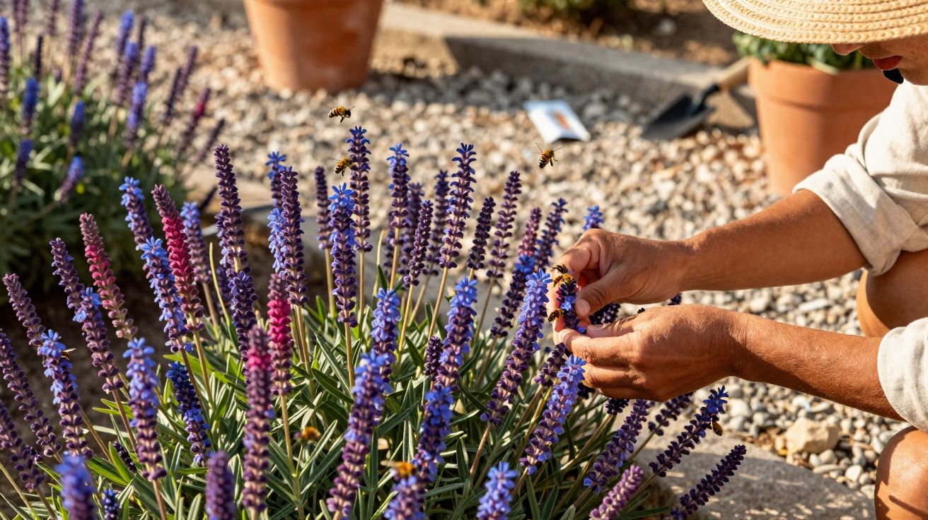Pessoa colhendo flores roxas em jardim com abelhas voando ao redor em dia ensolarado.