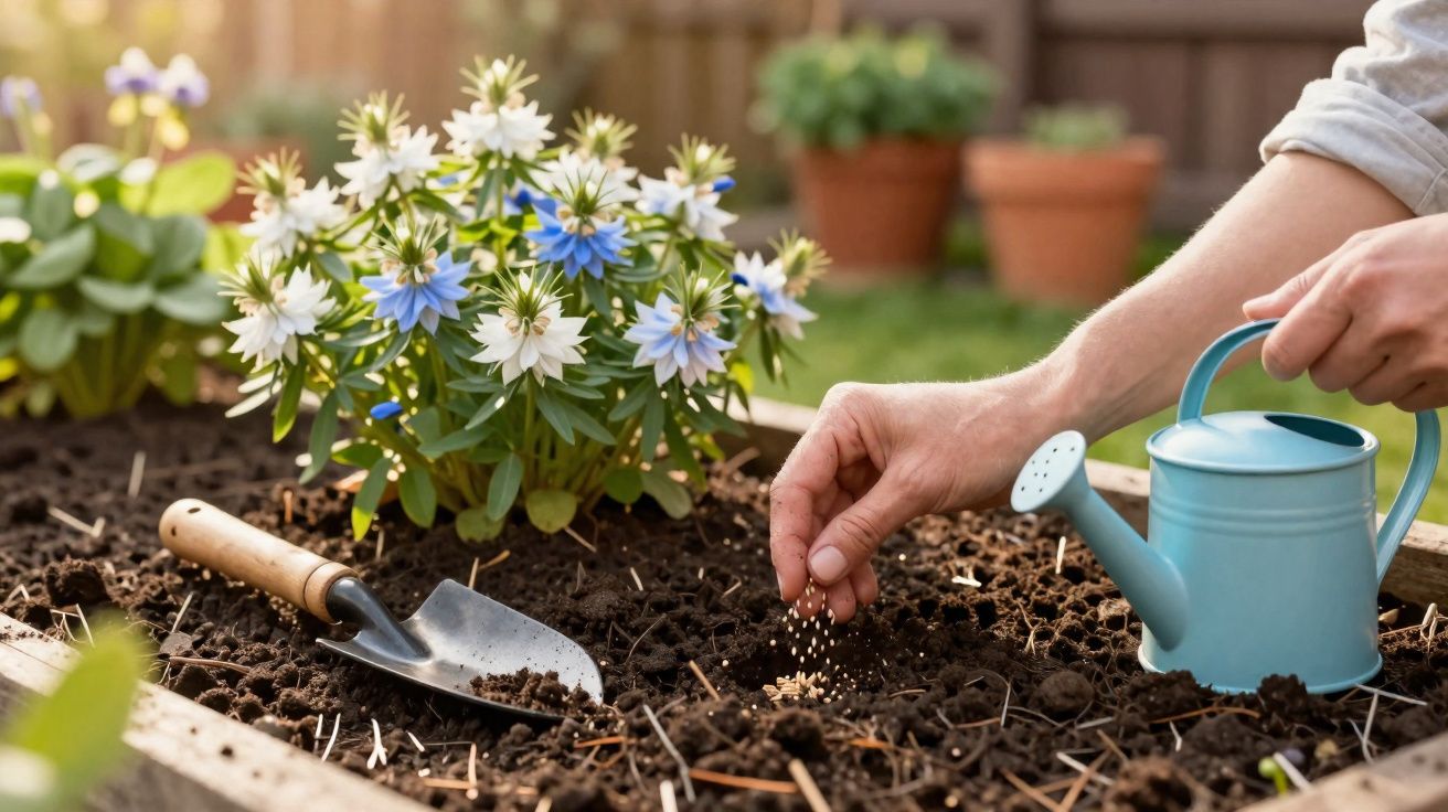 Mãos plantando sementes em solo de jardim com regador azul e flores brancas e azuis ao fundo.