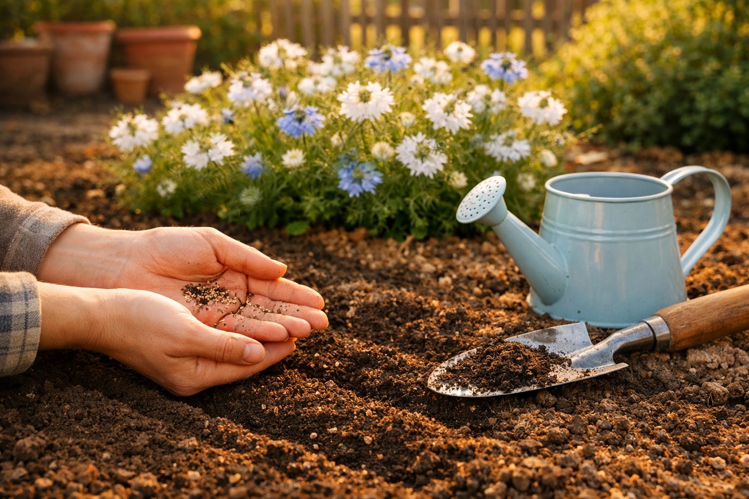 Mãos segurando sementes para plantar em solo fértil, com regador e pá de jardinagem ao lado.