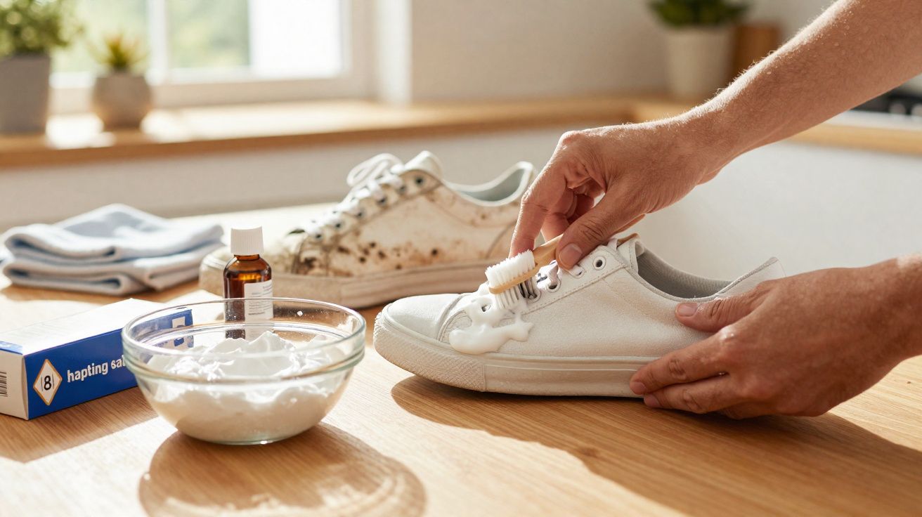 Mãos limpando tênis branco com escova e pasta caseira, tênis sujo ao fundo em balcão de madeira.