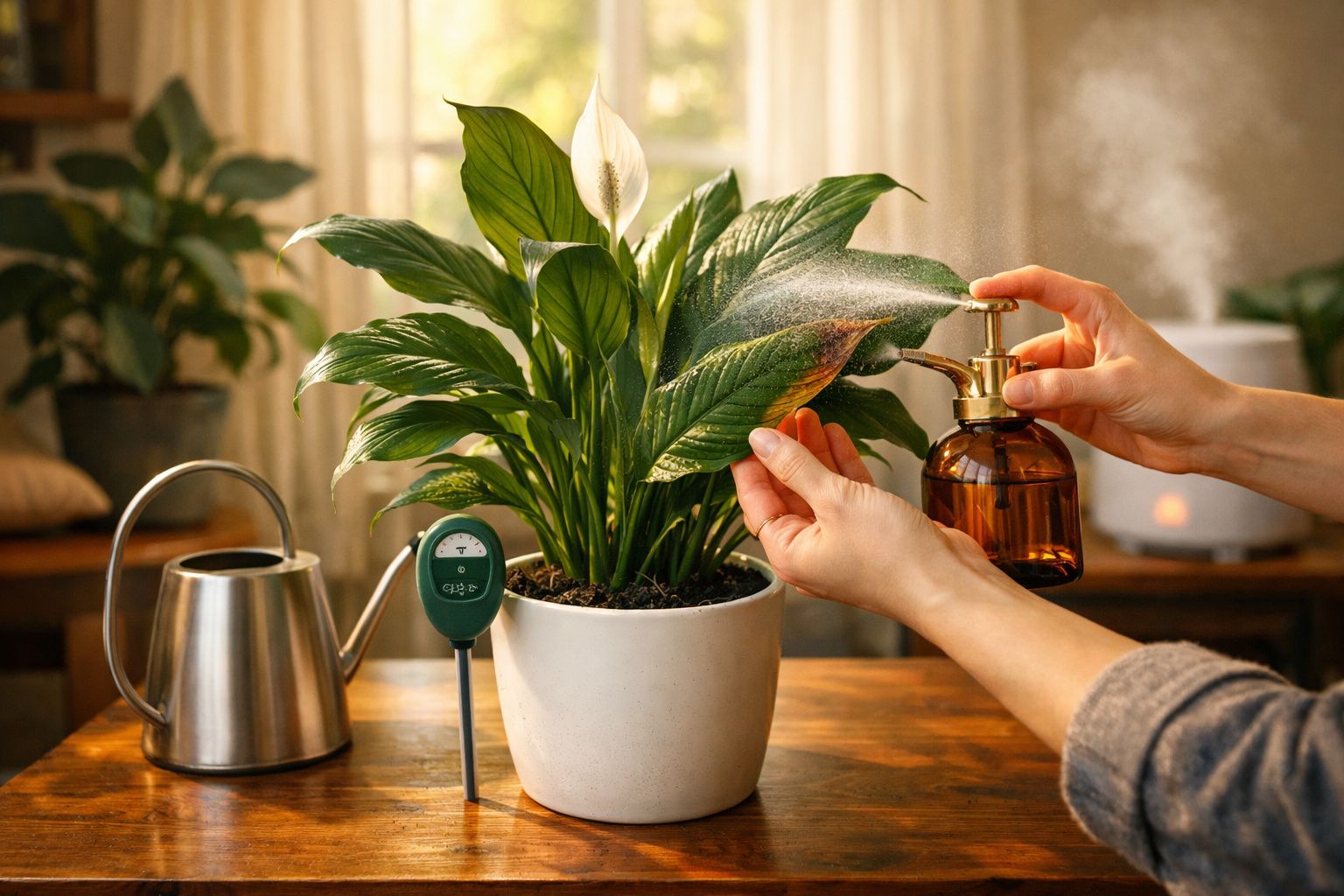 Pessoa borrifando água em planta com flor branca em vaso branco sobre mesa de madeira.