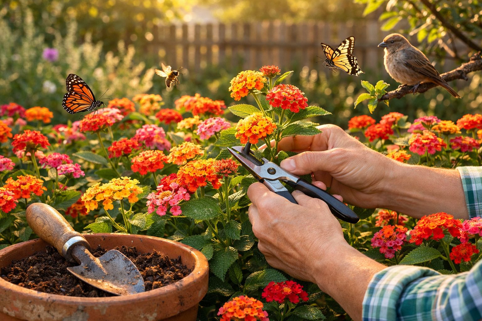 Pessoa podando flores laranjas e rosas em jardim com borboletas, abelha e pássaro ao redor.