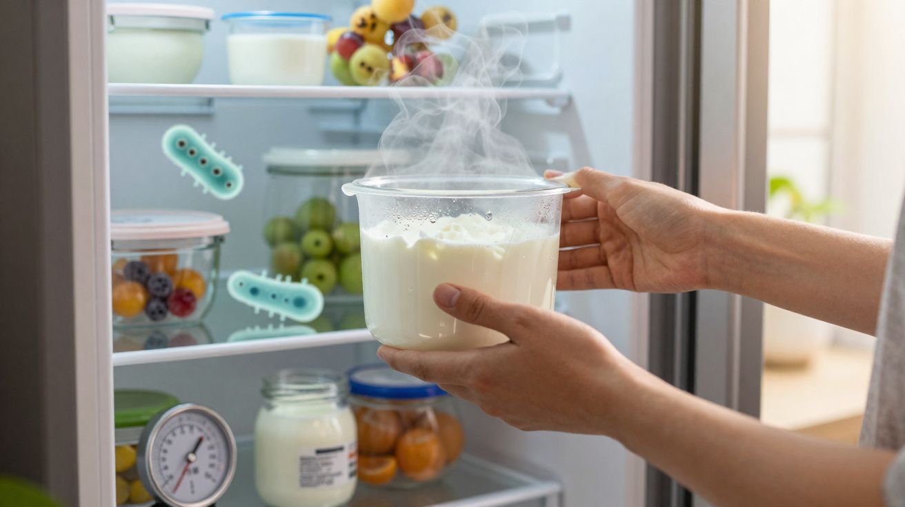 Pessoa a colocar recipiente com comida quente num frigorífico aberto com frutas e iogurte.