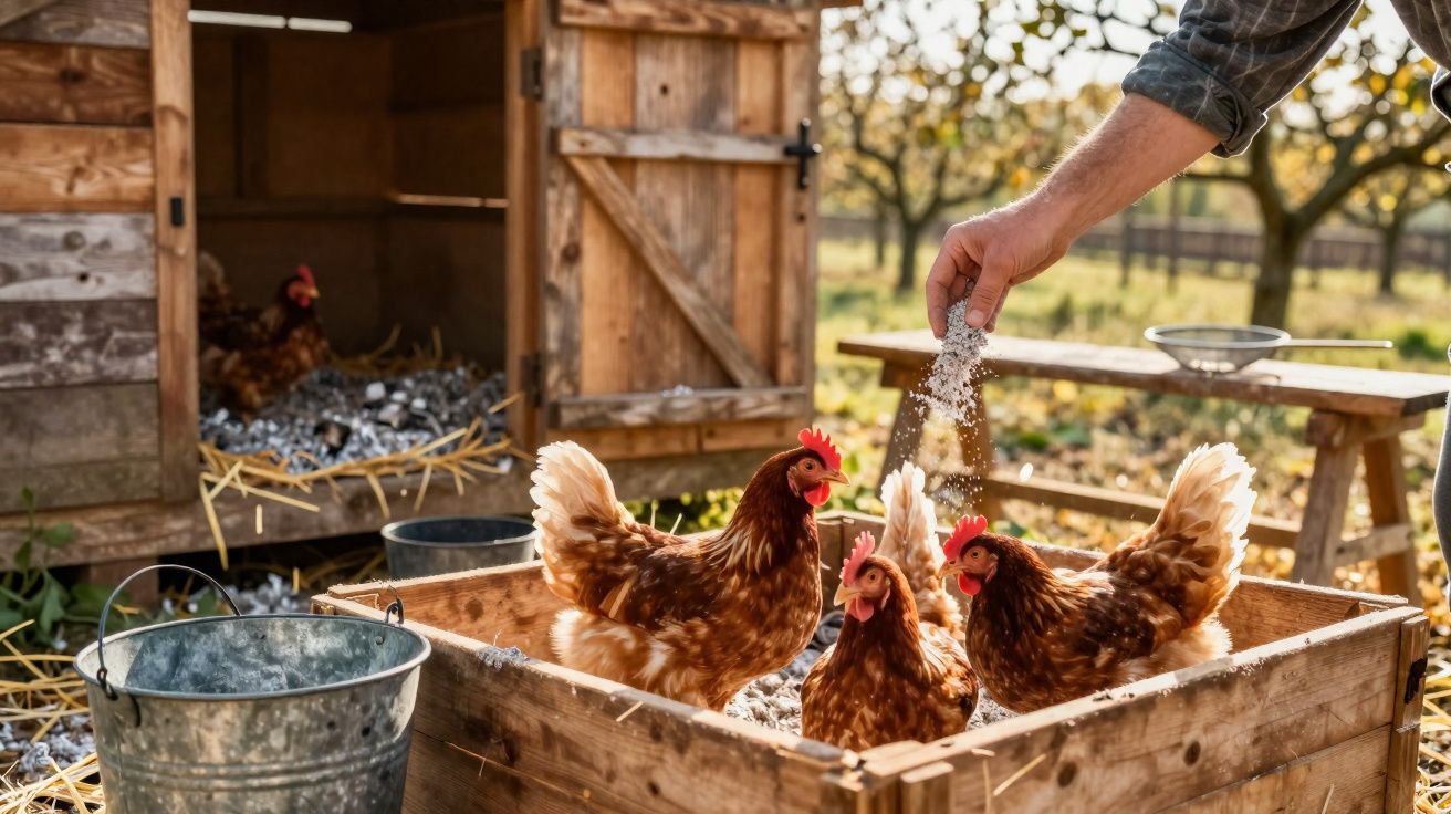Pessoa a alimentar galinhas castanhas num galinheiro de madeira ao ar livre com ambiente rural.