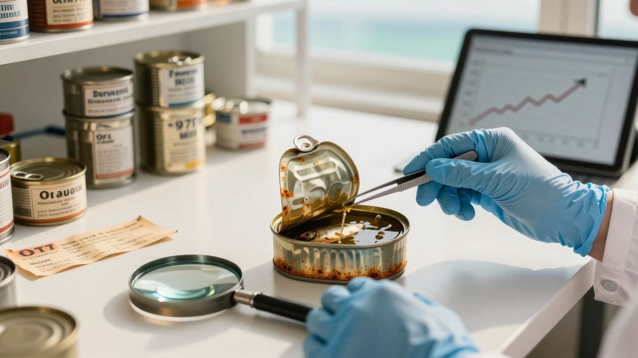 Cientista de luvas azuis analisa conteúdo de lata enferrujada com pinça e lupa numa bancada.