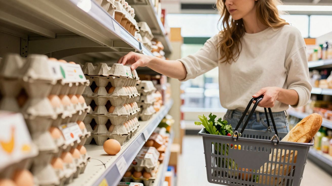 Mulher a escolher ovos na prateleira do supermercado com cesto de compras contendo pão e legumes.