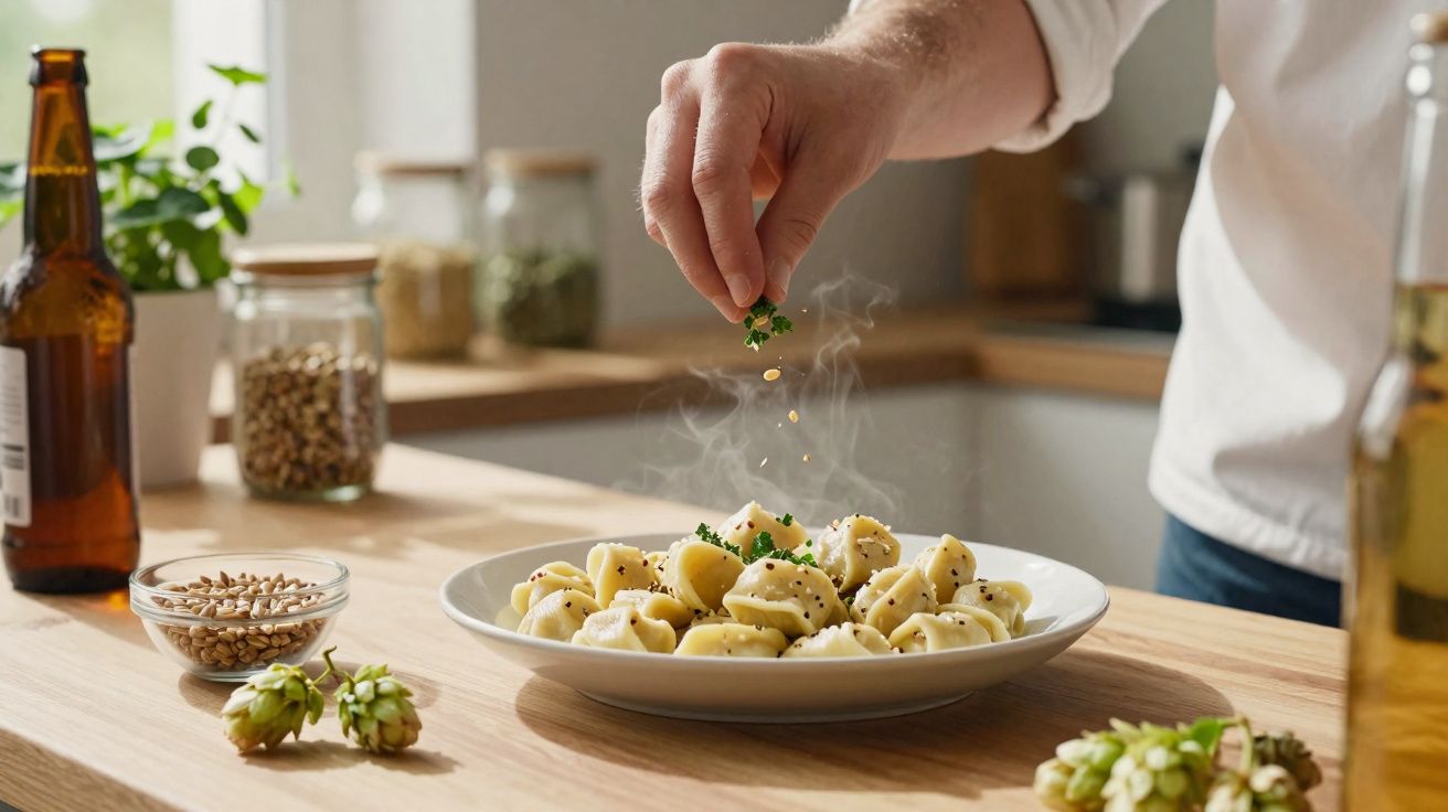Pessoa a polvilhar ervas frescas em prato de massa quente numa cozinha luminosa.