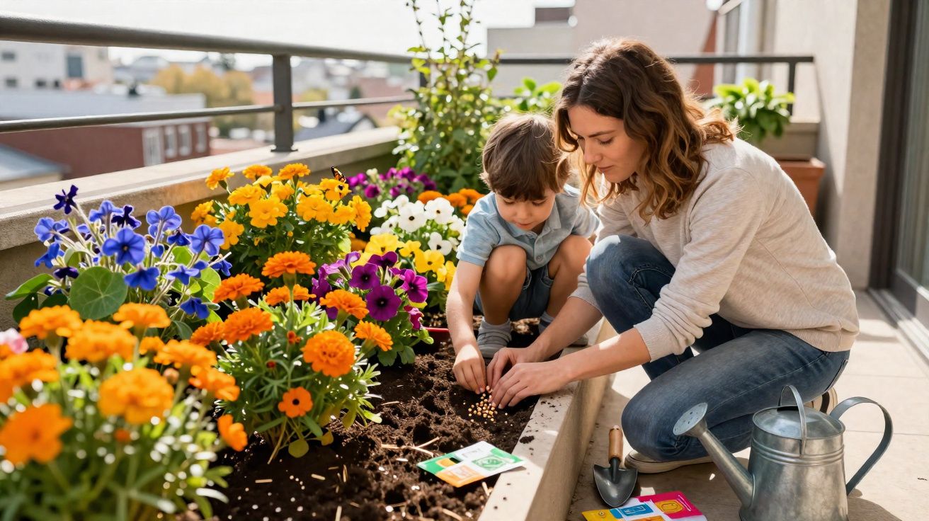 Mulher e criança a plantar sementes num canteiro com flores coloridas numa varanda ao sol.