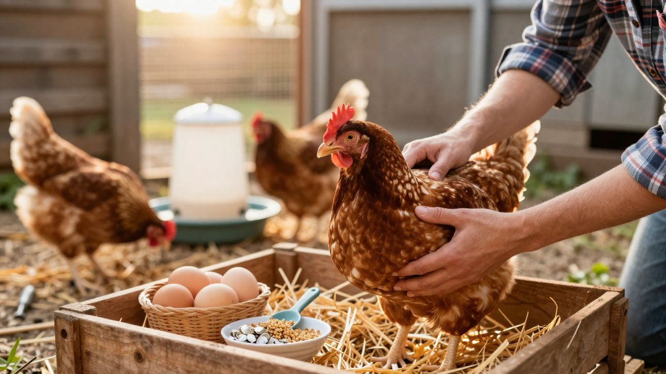 Pessoa a segurar uma galinha castanha numa caixa de madeira, com ovos e sementes, num galinheiro.