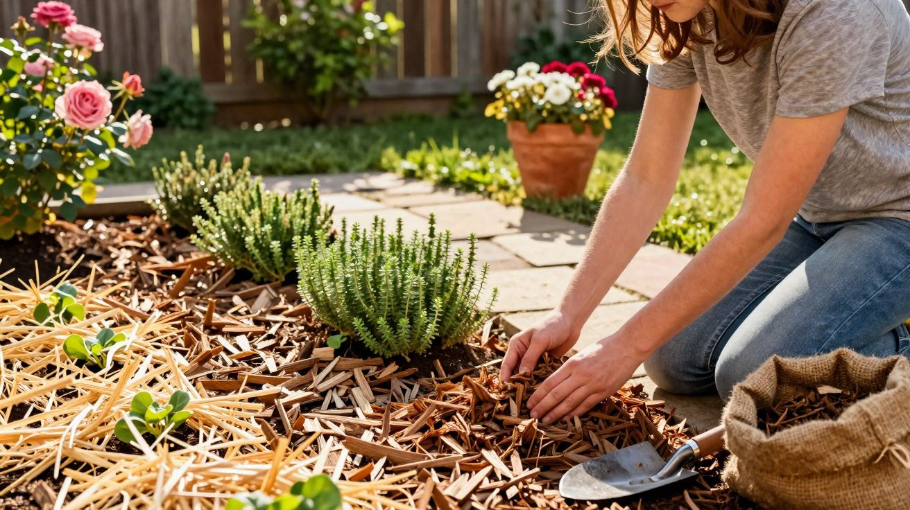 Mulher a cuidar do jardim, a colocar cobertura de madeira ao redor das plantas, em dia soalheiro.