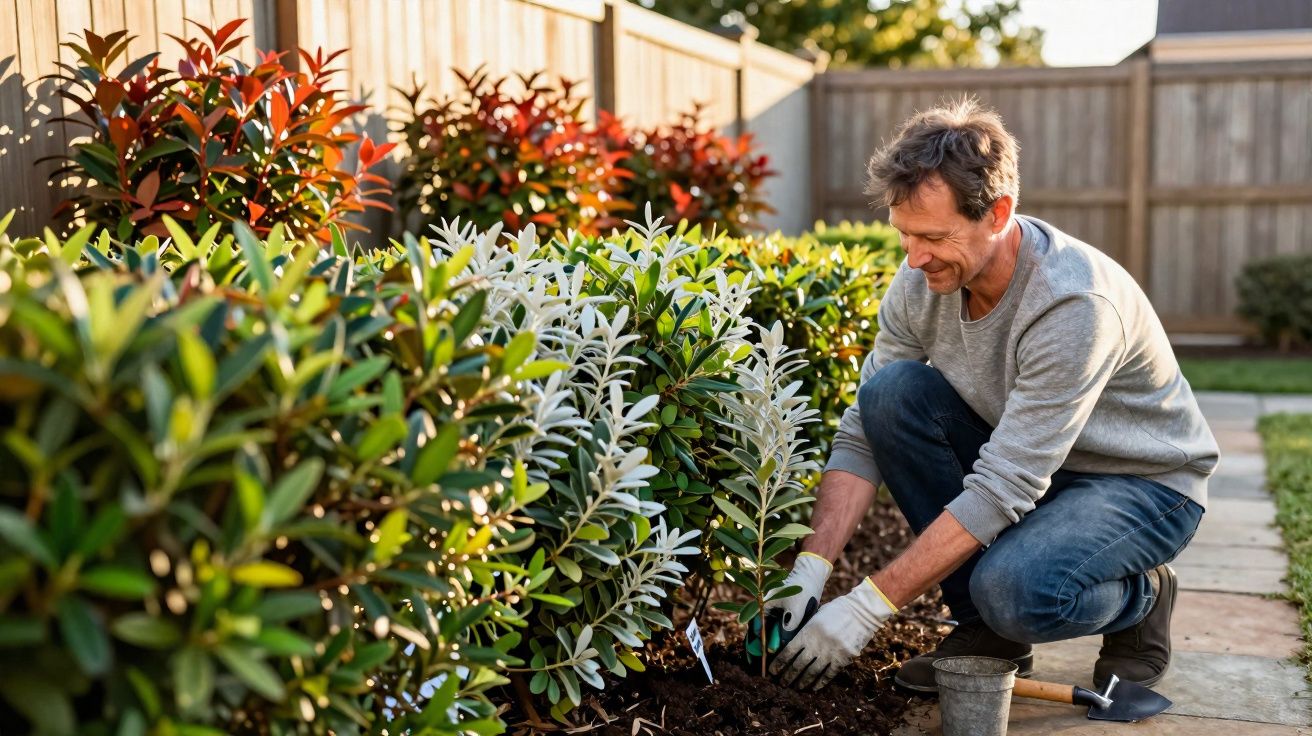 Homem sorridente a plantar arbustos num jardim ao ar livre, ao lado de uma vedação de madeira.