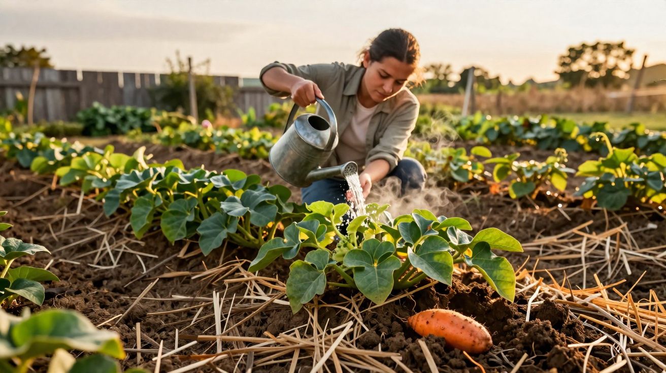 Mulher regando plantas num campo agrícola com batata-doce visível no solo ao entardecer.