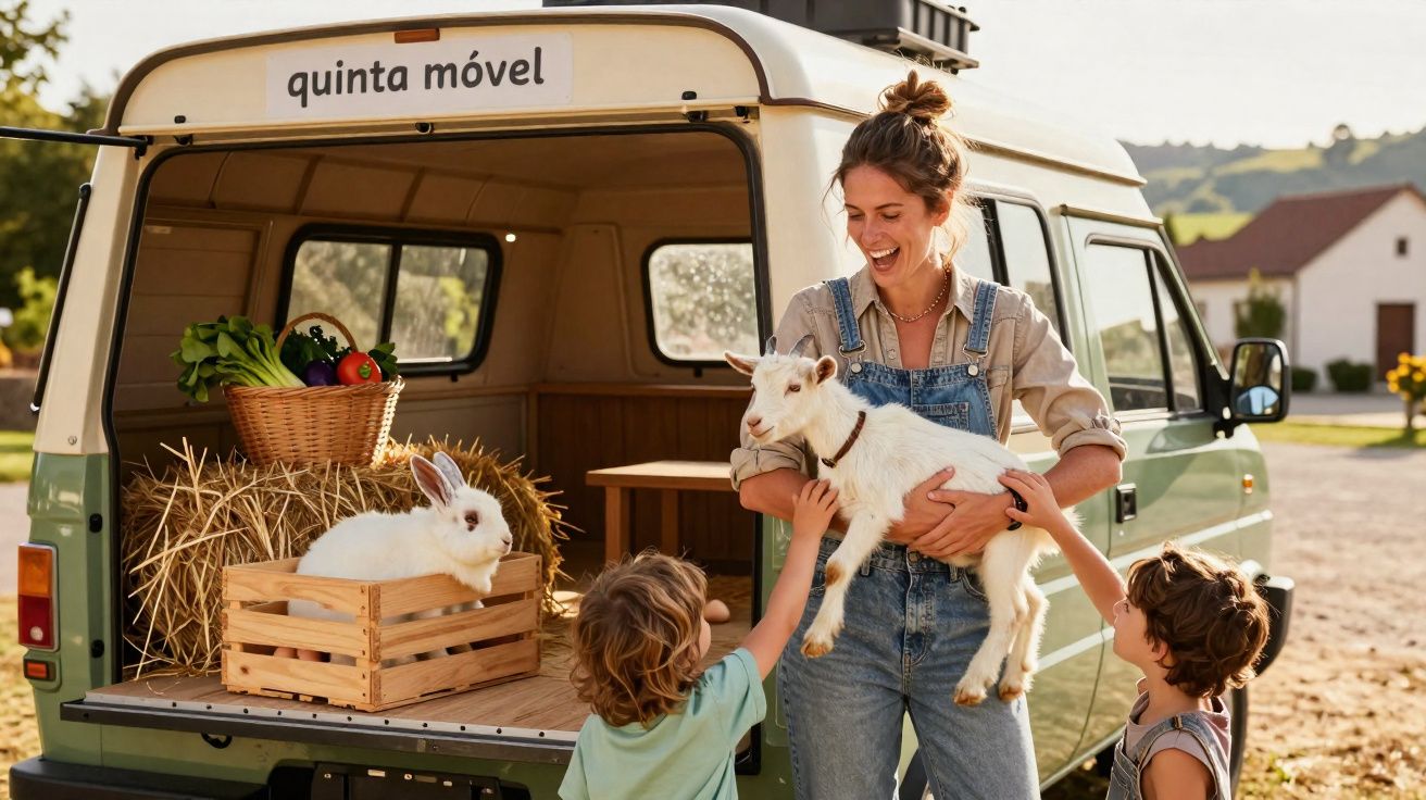 Mulher segura cabra e duas crianças tocam-na junto a carrinha vintage com cesta de legumes e coelho.