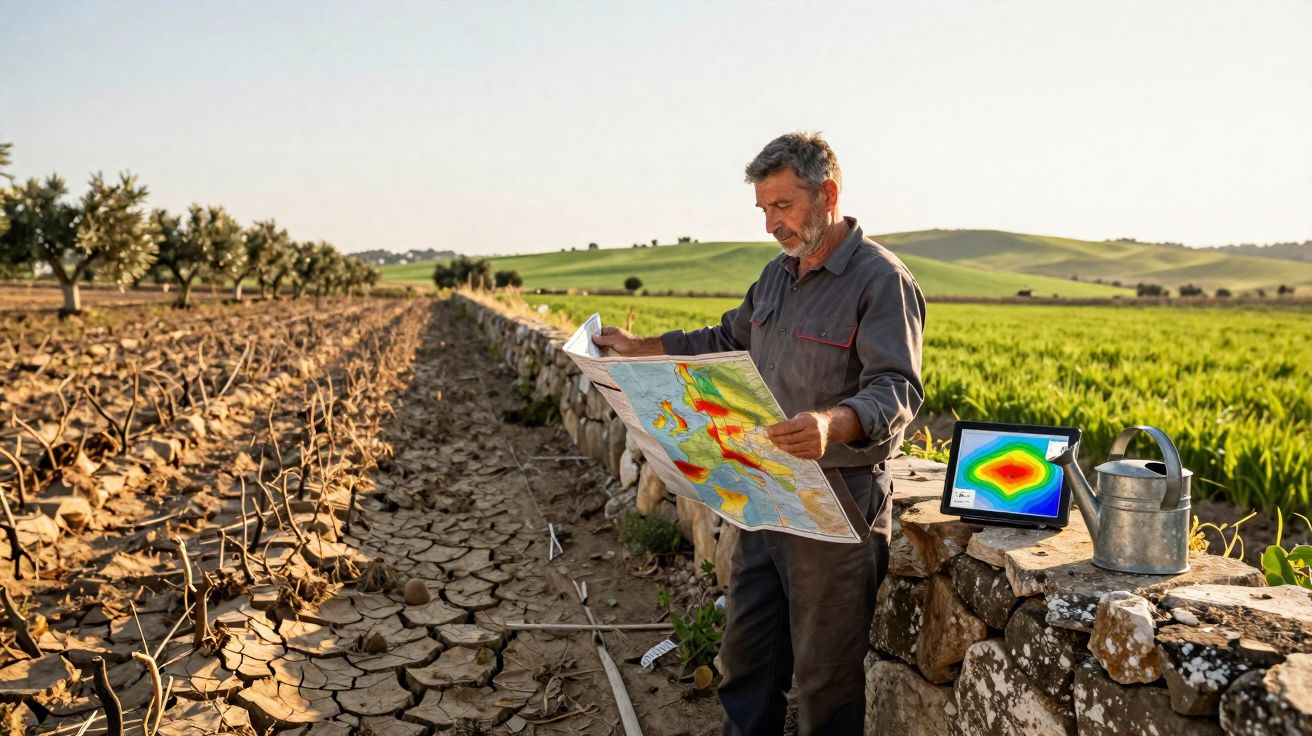Agricultor a analisar mapa num campo seco, com tablet e regador sobre muro de pedra junto a terreno verde.