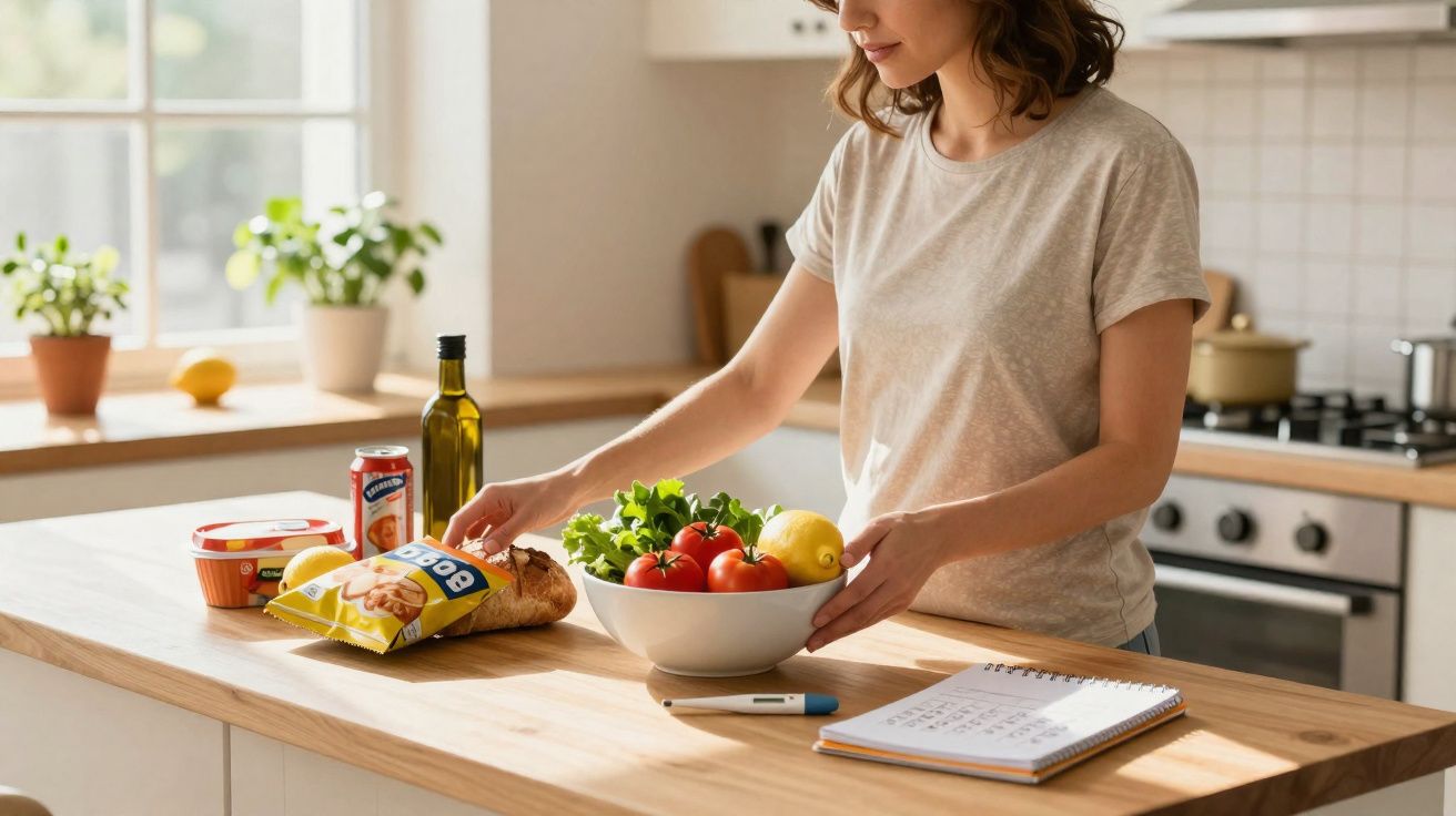 Mulher prepara refeição com legumes, pão e snacks numa cozinha moderna e luminosa.