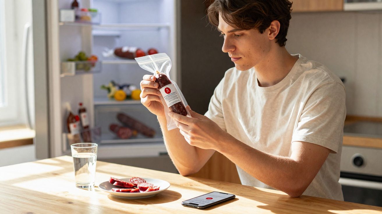 Jovem sentado à mesa, a olhar para embalagem de enchido enquanto tem um prato com fatias e um copo de água.