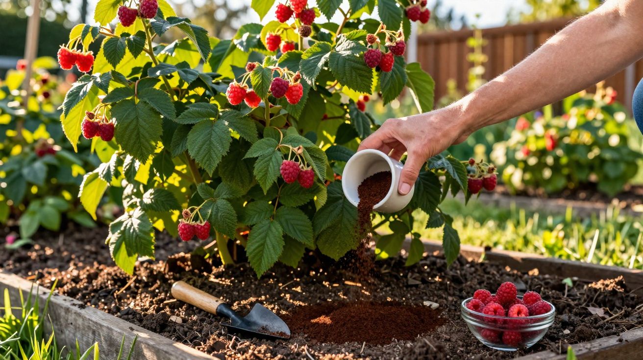 Mão a fertilizar planta de framboesa num canteiro com terra, colher de jardim e framboesas num recipiente de vidro.