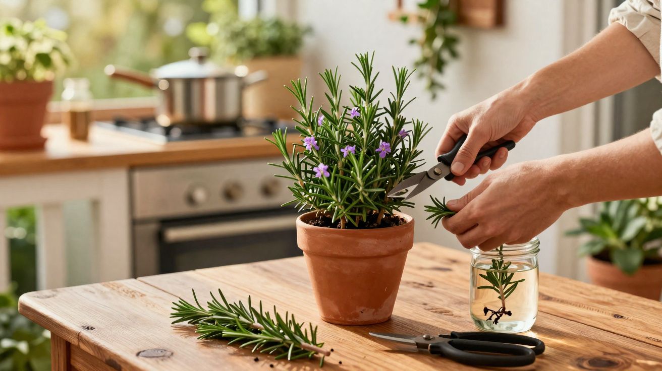 Pessoa a cortar ramos de alecrim de uma planta em vaso numa cozinha com tesoura de poda.