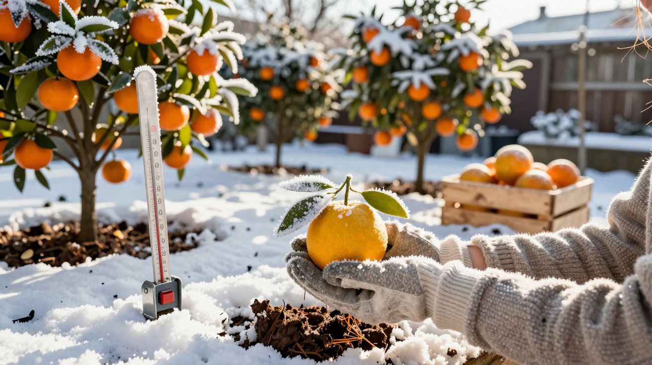 Mãos com luvas seguram uma tangerina coberta de geada num pomar com roupa de neve e termómetro a marcar temperaturas negativa