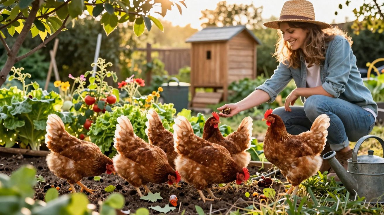 Jovem mulher alimenta galinhas num jardim com plantas e tomates ao final da tarde, com regador ao lado.