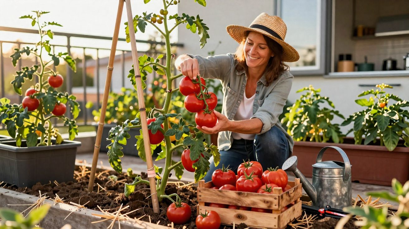 Mulher a colher tomates vermelhos maduros numa horta urbana com chapéu e sorriso.