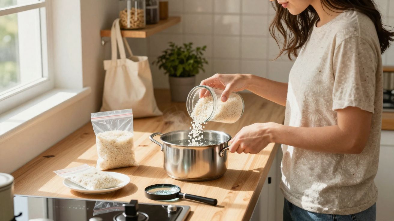 Mulher a colocar arroz numa panela numa cozinha moderna e iluminada pela luz natural.