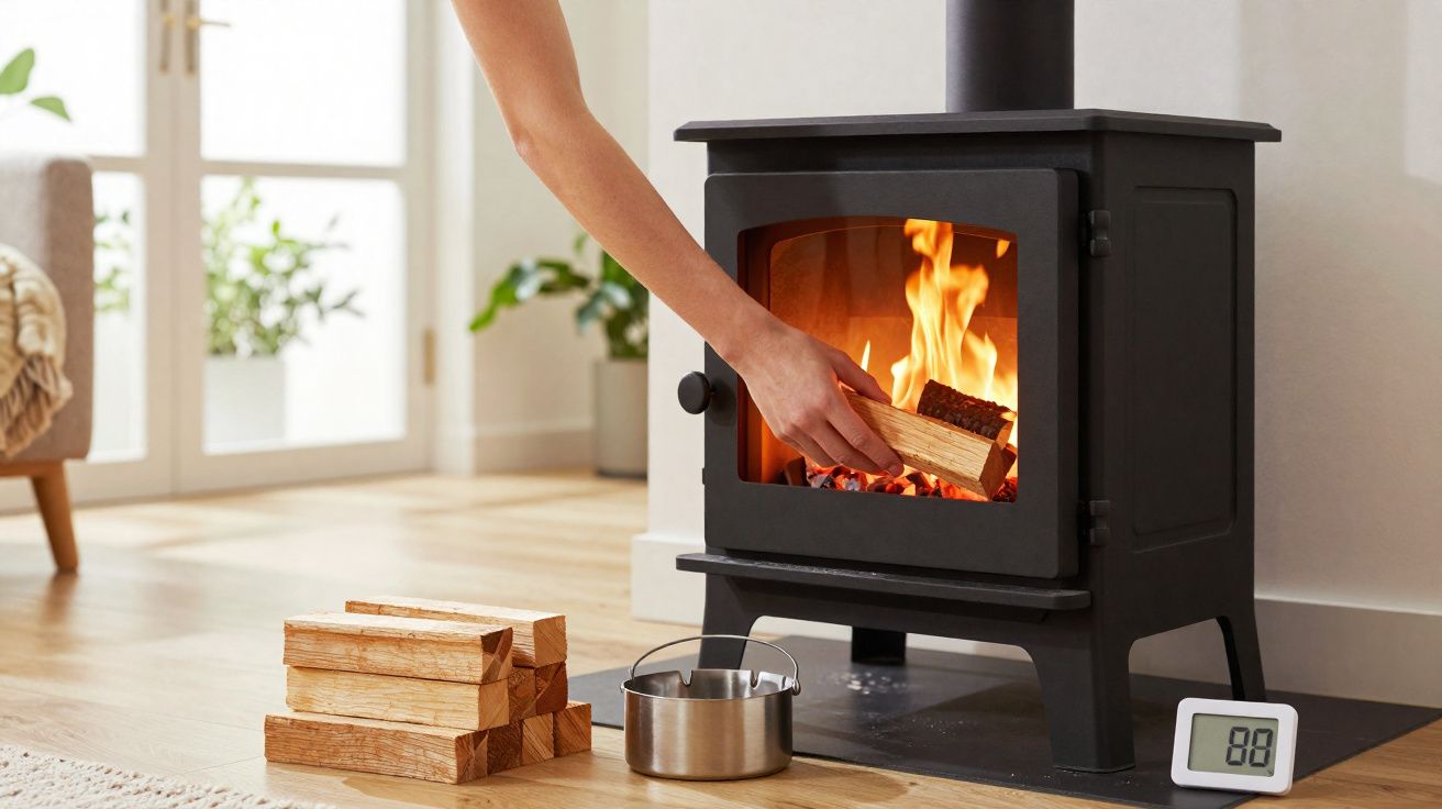 Pessoa a colocar lenha numa salamandra acesa numa sala luminosa com plantas e relógio digital.