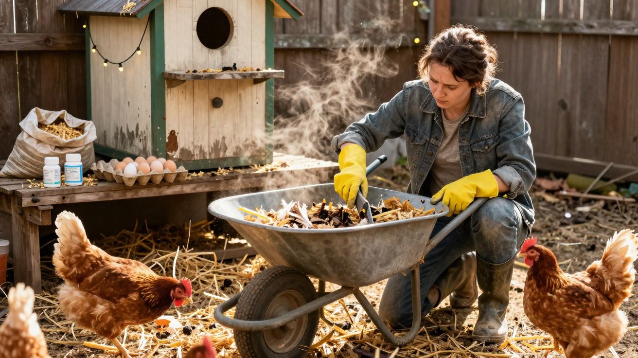 Mulher a mexer composto numa carrinho de mão junto a galinhas e um galinheiro no quintal.