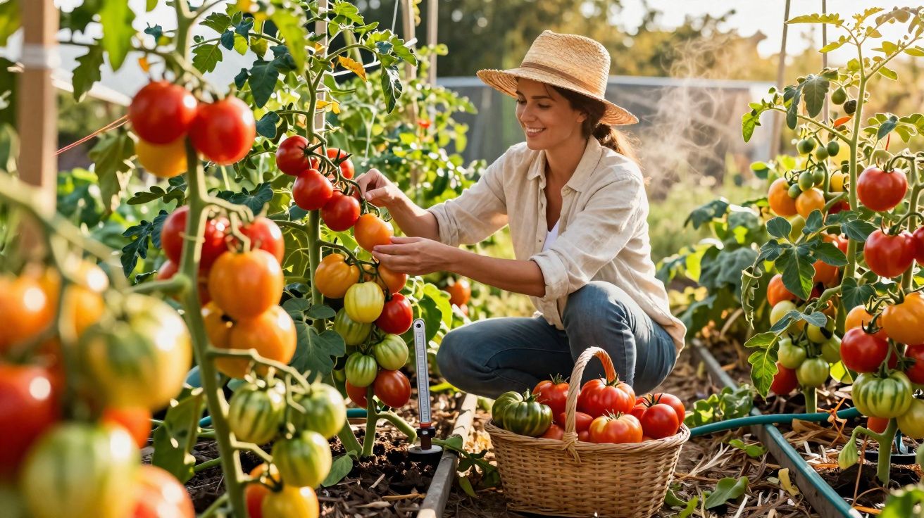 Mulher com chapéu colhe tomates maduros numa estufa, com cesta cheia de tomates ao lado.