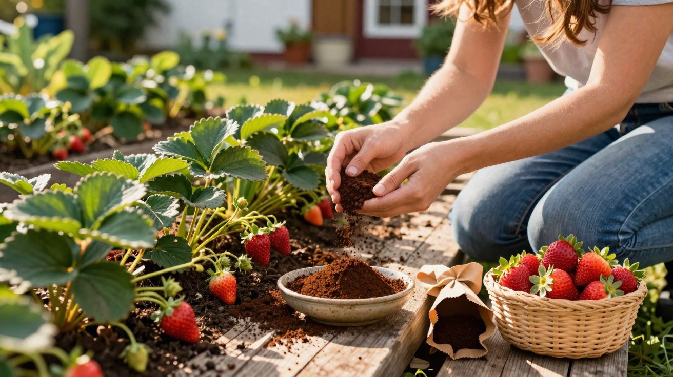Pessoa a cuidar de morangos num jardim com cesta de morangos e terra à mão.
