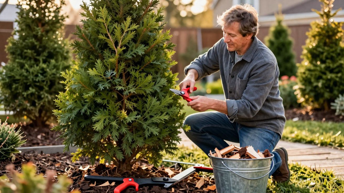 Homem a podar uma árvore pequena num jardim com tesouras de poda e balde de madeira.