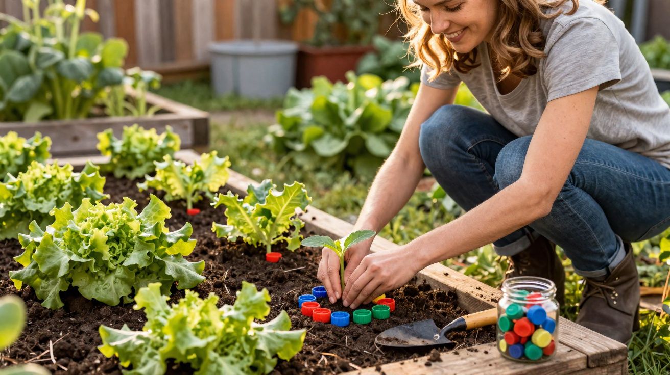 Mulher a plantar uma muda em jardim, rodeada de alfaces e tampas plasticas para marcar plantas.