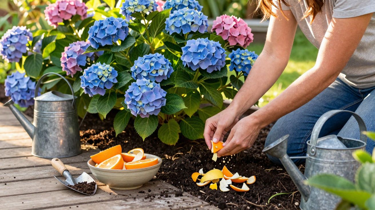Pessoa a colocar cascas de laranja no solo junto a hidrângeas azuis e rosas num jardim ensolarado.